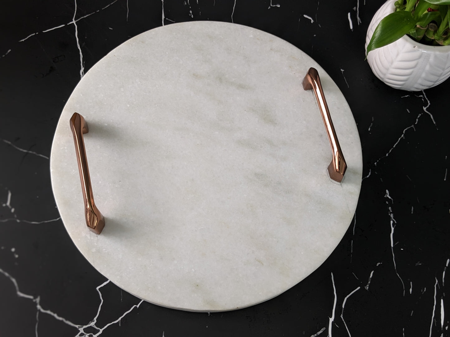 White marble Round Tray 12In