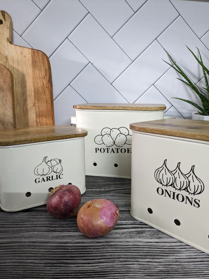 AuldHome Potatoes, Onions and Garlic Canister Set (Black); Contemporary  Vegetable Storage Containers